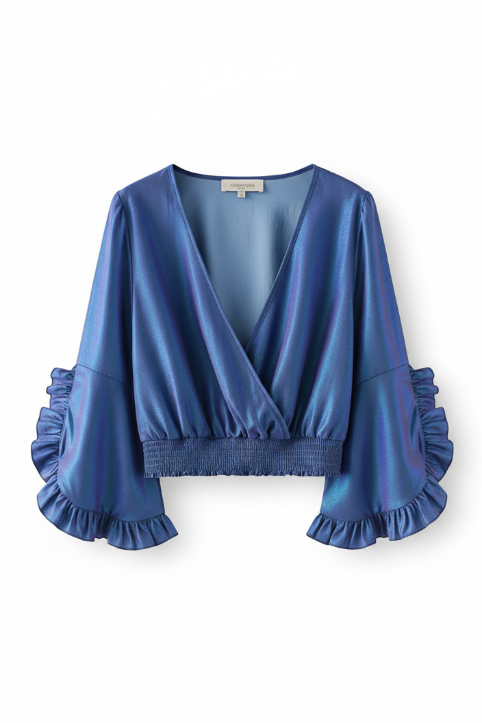 Blusa Cropped Transpassada e Mangas Sino