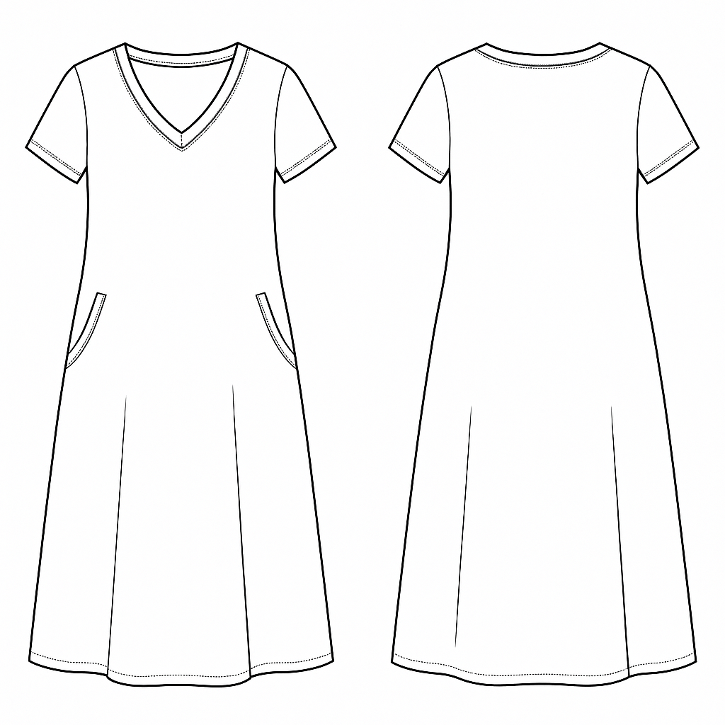 Vestido Midi Evasê Manga Curta e bolso