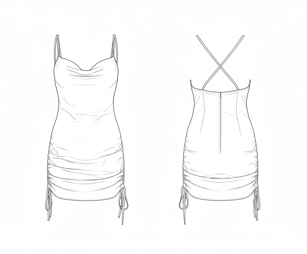 Vestido curto com Decote Drapeado e Rúches