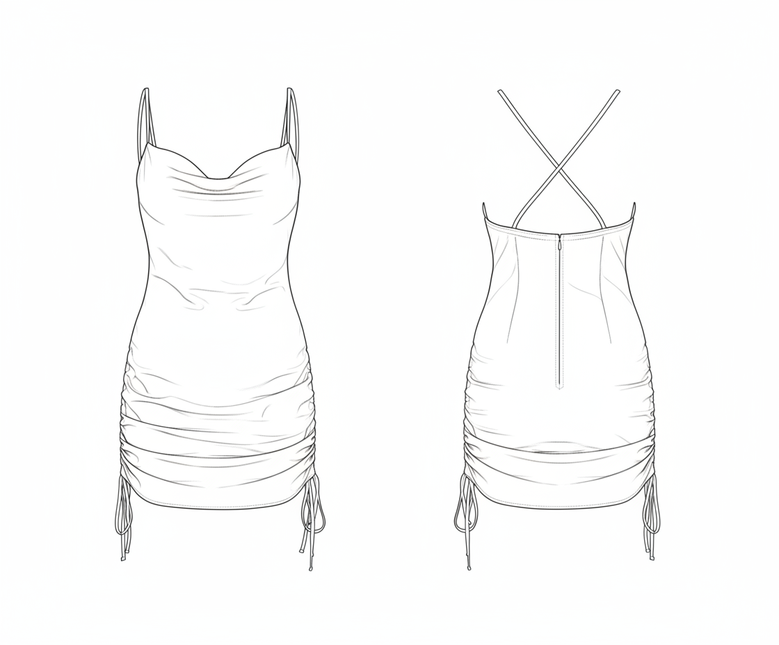 Vestido curto com Decote Drapeado e Rúches