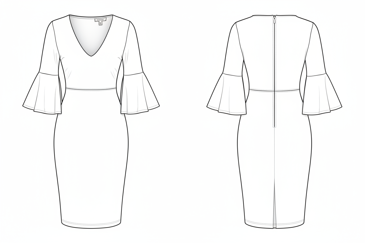 Vestido Midi Lápis com Manga Sino